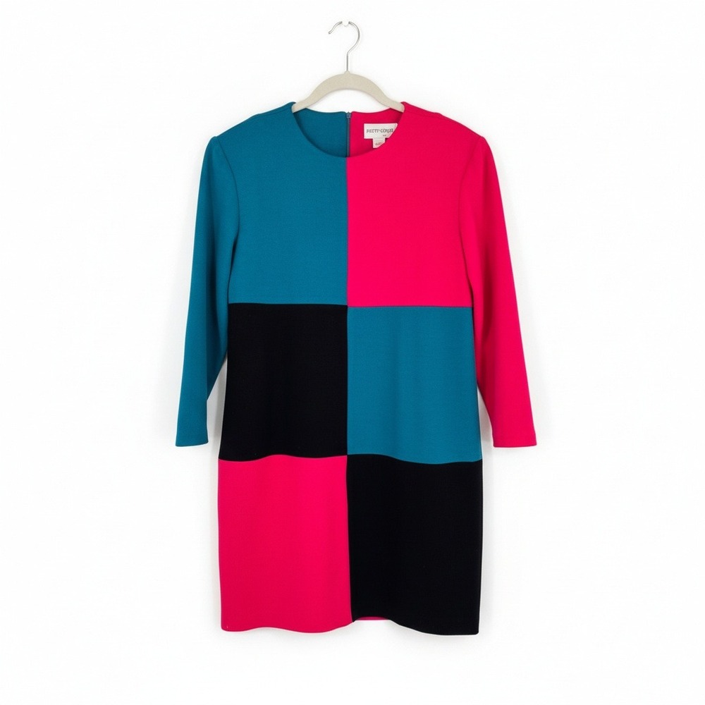 Vintage‎ Patty O'Neil Color Block Knit Shift Dress Long Sleeve Mod USA Size 14